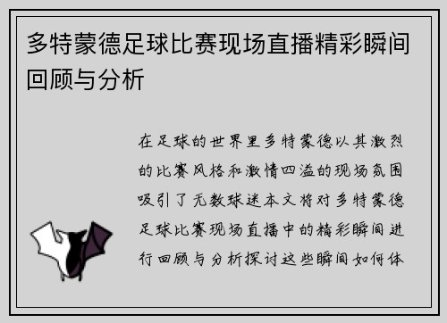 多特蒙德足球比赛现场直播精彩瞬间回顾与分析